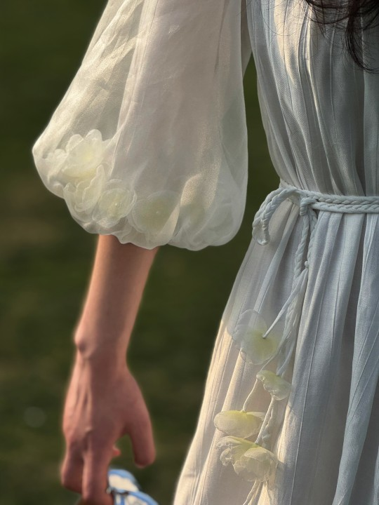Light yellow long skirt dress with flowers sleeves
