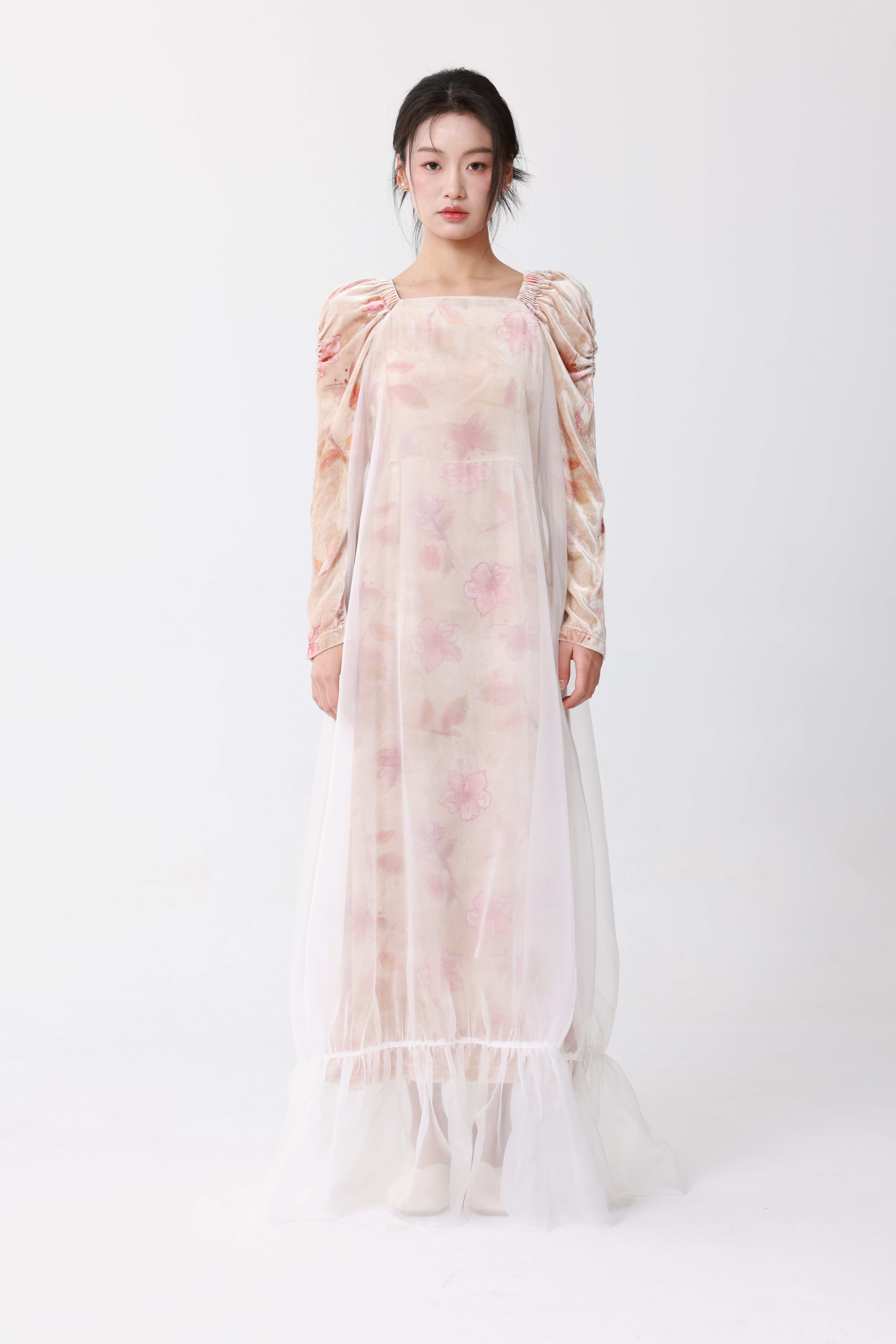 Velvet floral print long dress