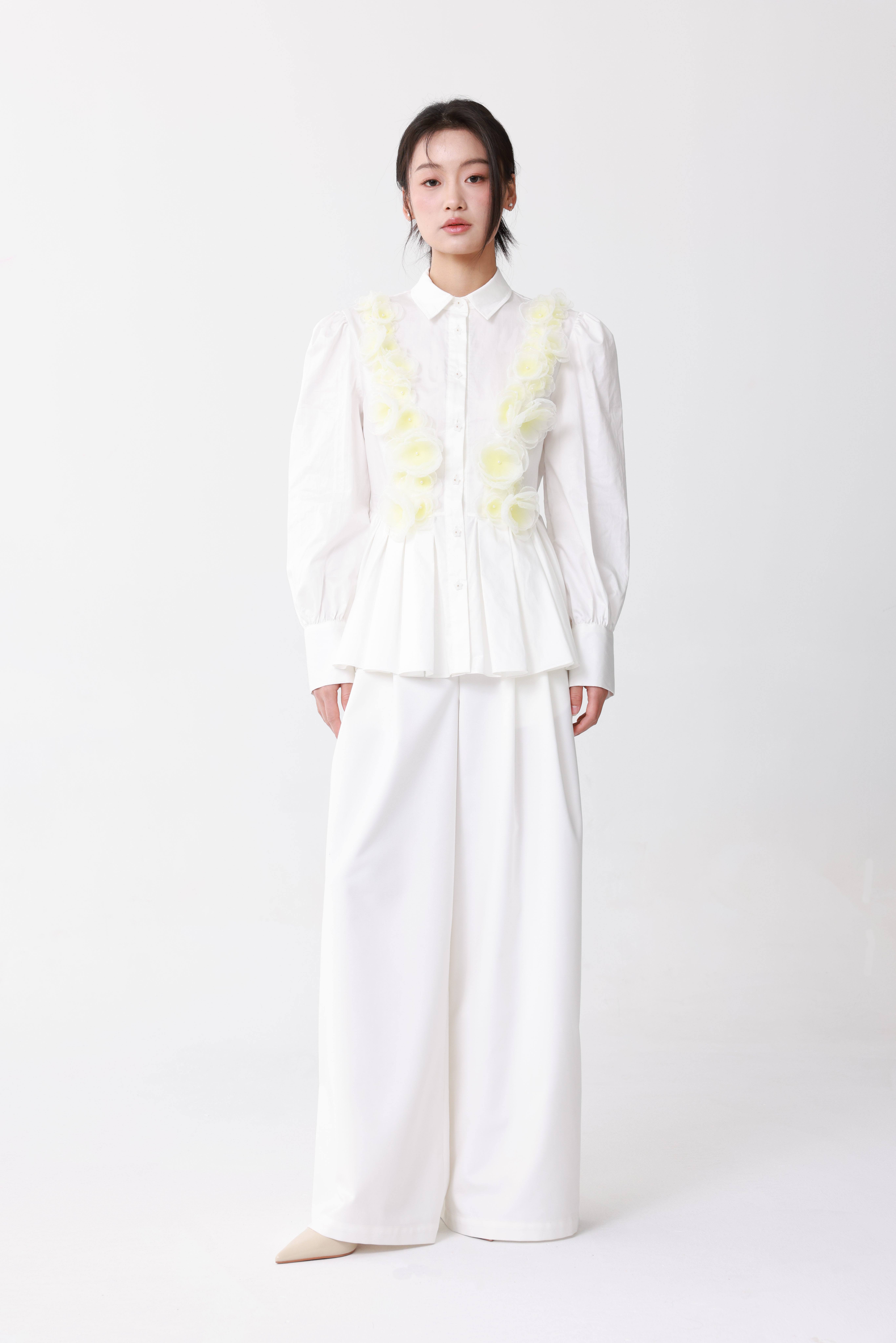 Handmade flower pleated hem white shirt