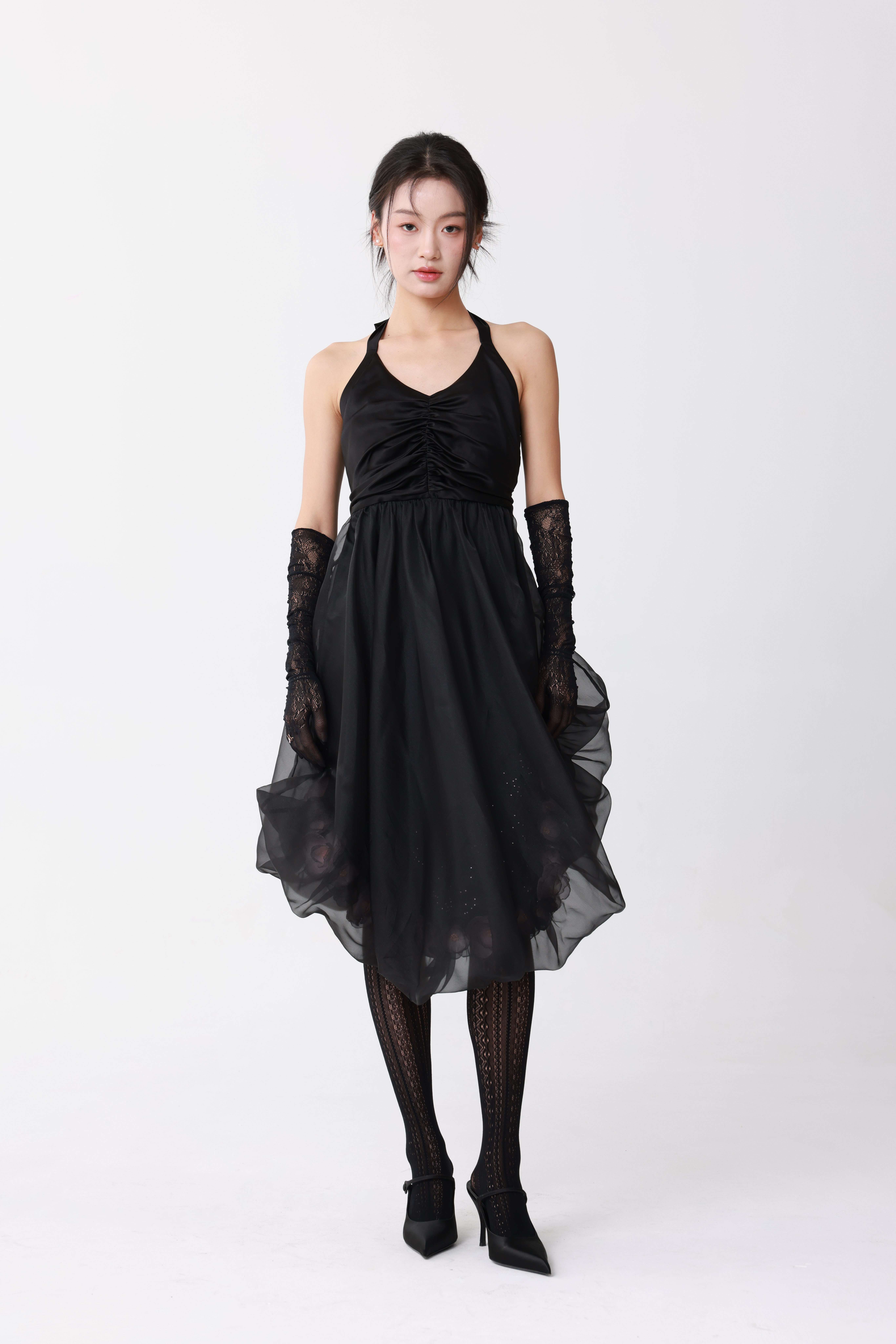 Black halter neck floral dress